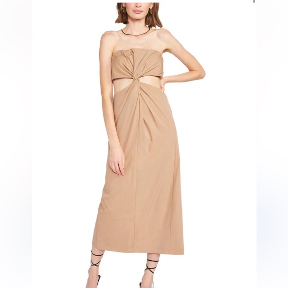 En Saison neutral tan/beige strapless midi cutout dress